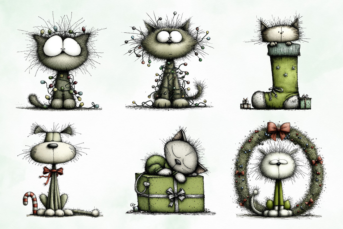 Whimsical Christmas Cats Clipart, an Illustration by Creative Art (Photo 3 of 14)