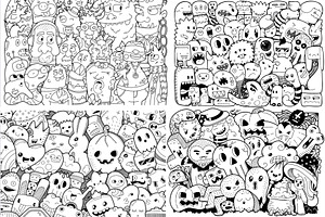 4 Doodle Monster Coloring Pages Set