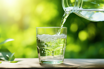 Pouring water from bottle into glass of water on blurred green background, a Food & Drink Photo by AlyaAnd