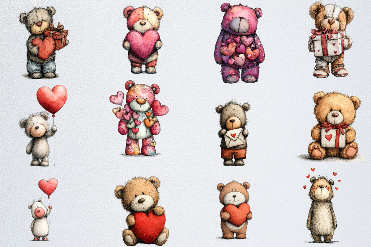 Lovely Teddy Bear Valentine Clipart, an Illustration by Watercolor design (Photo 3 of 6)