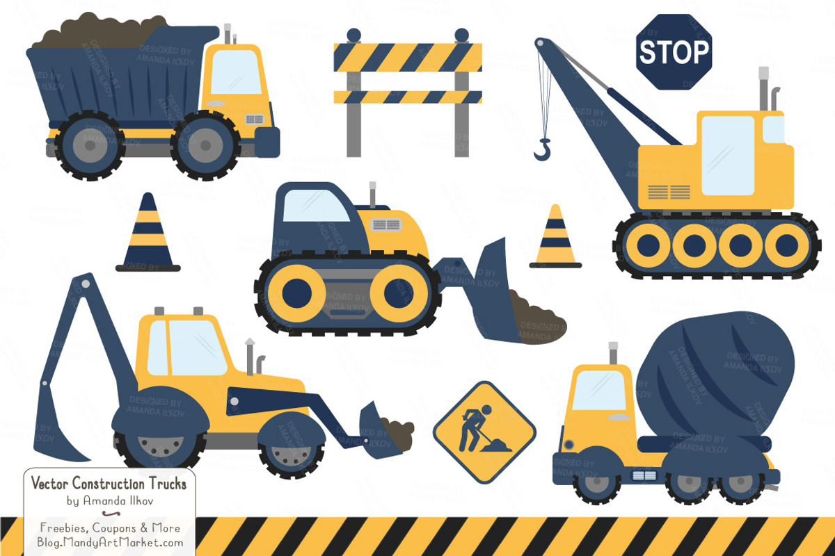 Navy & Lemon Construction Trucks, an Illustration by Amanda Ilkov (Photo 1 of 2)