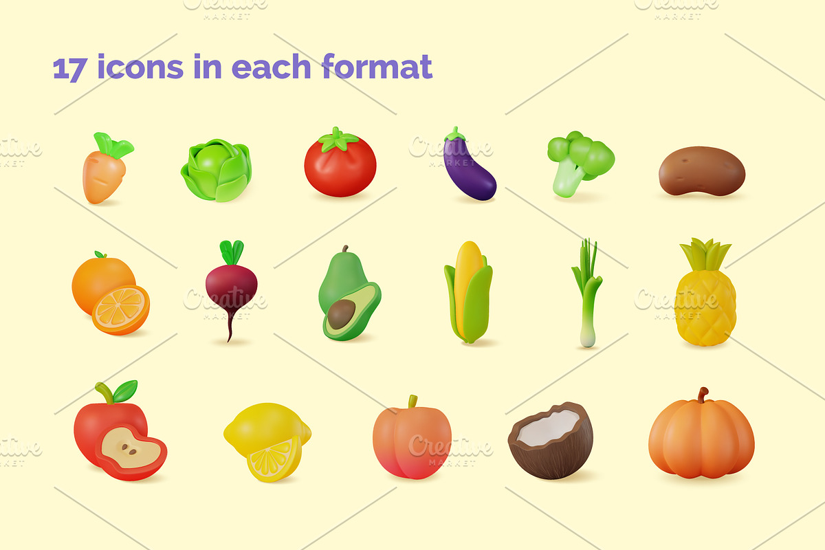 3d Vegetables and Fruits Vector Set, an Object 3D Model by 35lab (Photo 2 of 7)