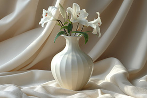 Elegant white vase with lilies set against soft, flowing beige fabric., a Business Photo by ImageMir