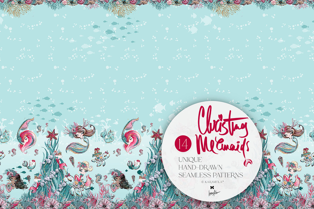 Christmas Mermaids Seamless Patterns, a Pattern Graphic by KaramfilaS (Photo 8 of 19)