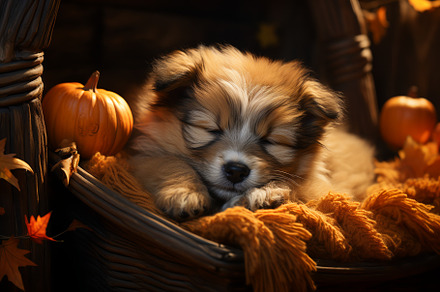 sleeping puppy at halloween festival, an Animal Photo by photos and hearts