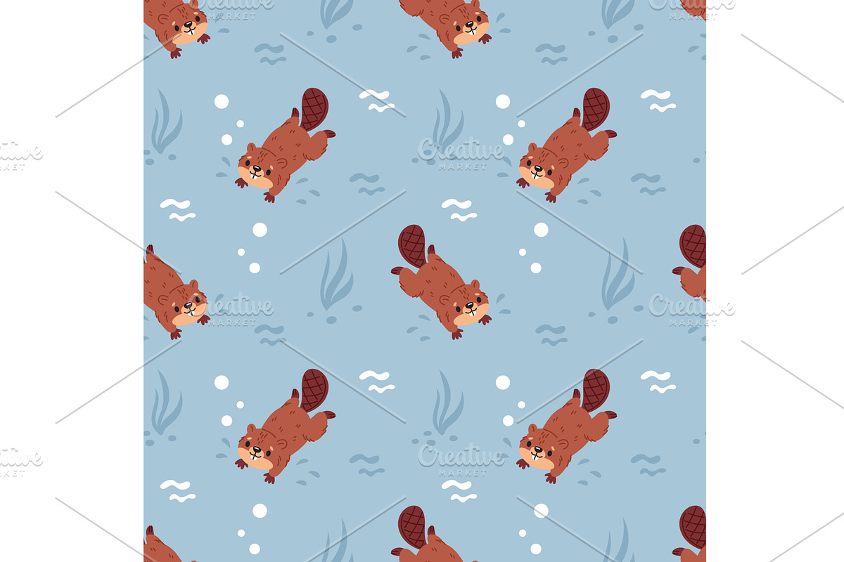 Cute floating beavers seamless, an Illustration by YummyBuum