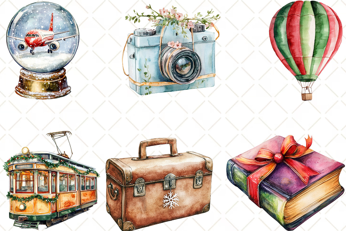 Christmas Travel Watercolour Clipart, an Illustration by Black Bird Studio (Photo 3 of 6)