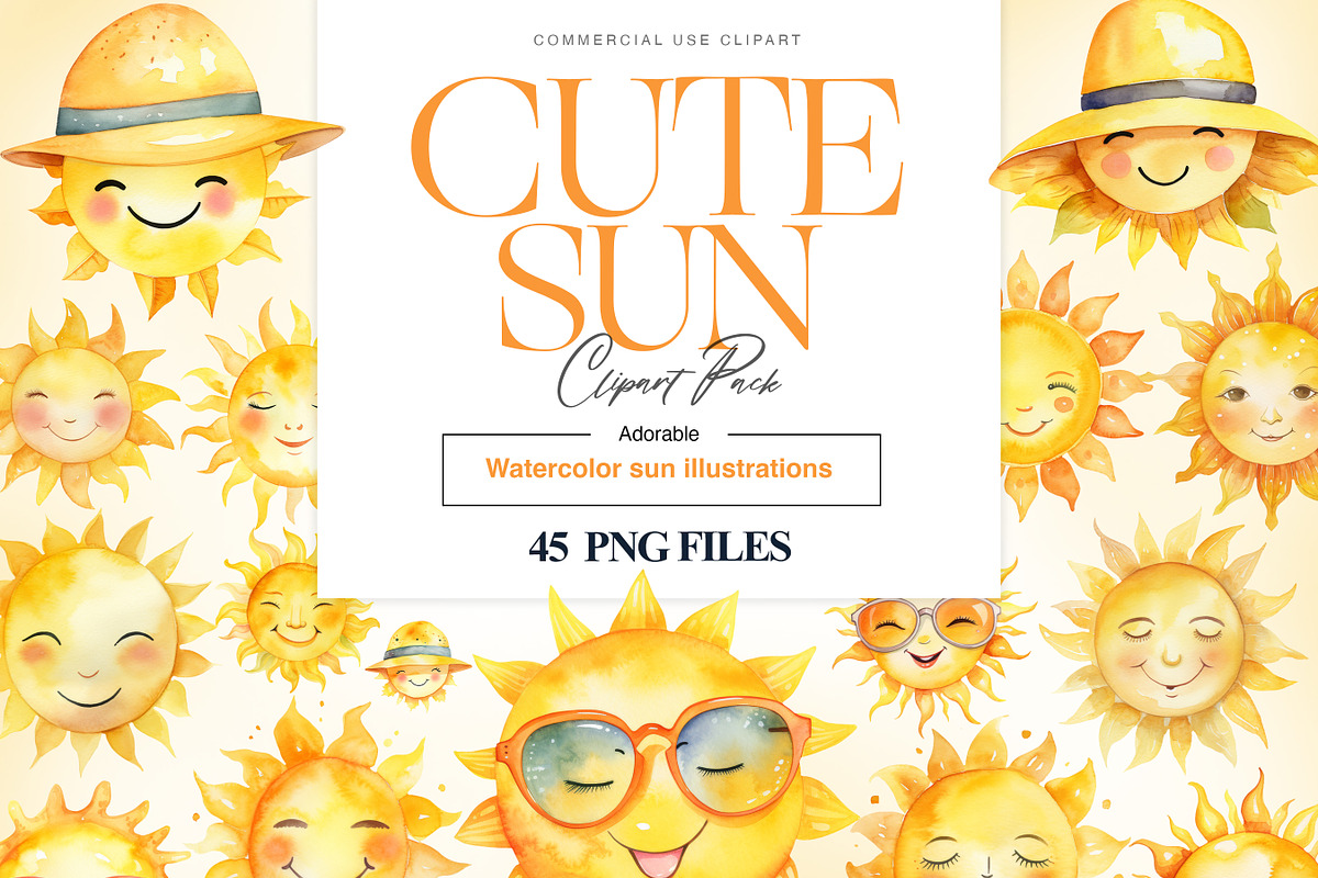 Cute Sun Clipart, Kawaii Sun Clipart, a Seasonal Illustration by BrushstrokeArtGB (Photo 1 of 9)