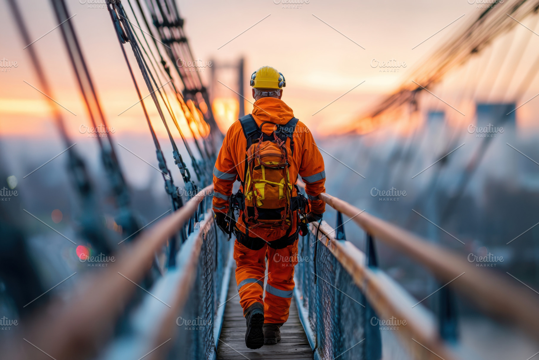 Construction worker walking on bridge at dusk, a Person Photo by AlyaAnd