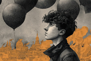 Boy looks up at balloons in city, a Photo by Beautiful things