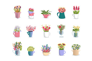 Multicolored Flowers In Mugs