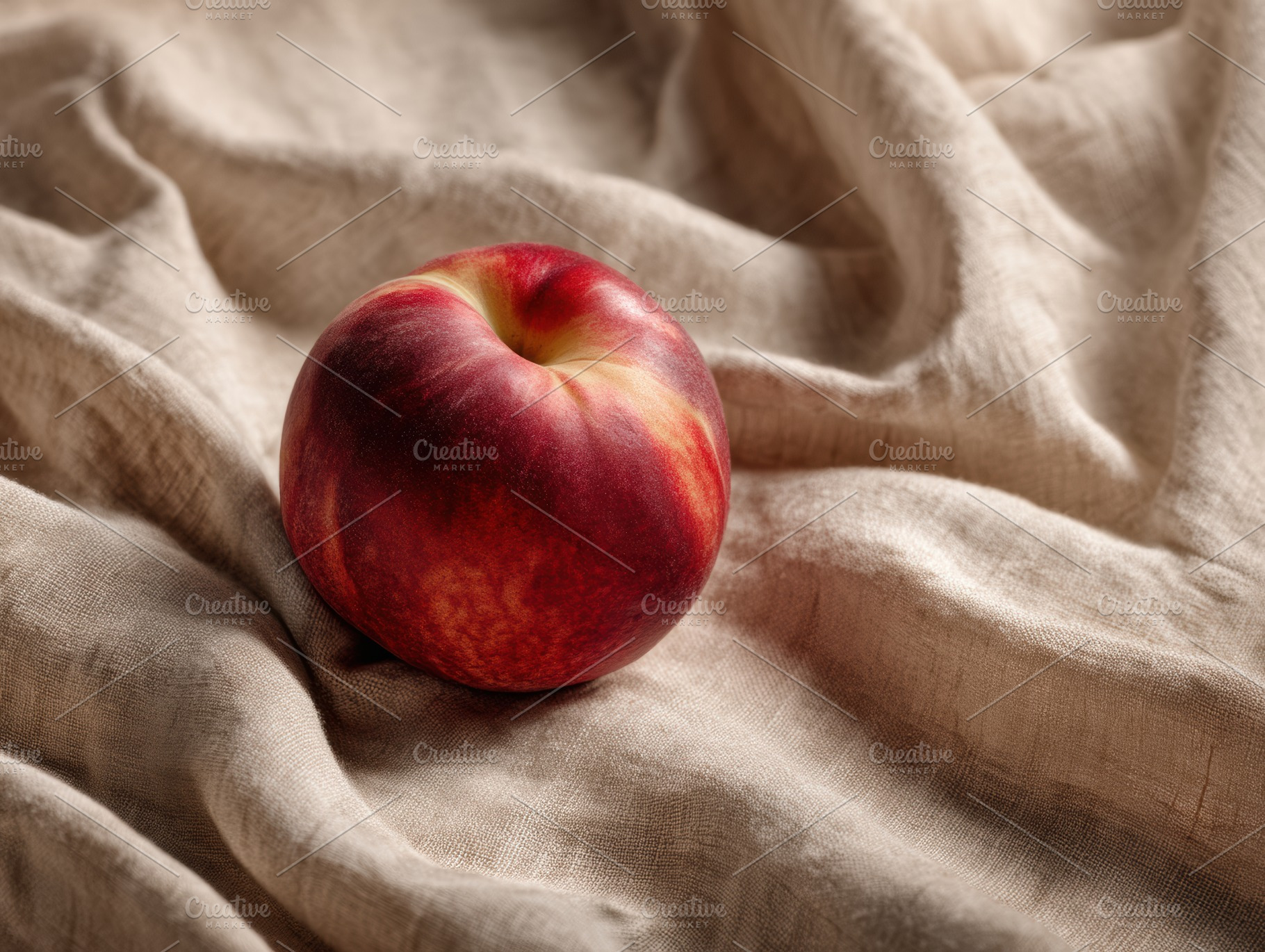 Lone Peach on Linen Napkin, a Food & Drink Photo by Virgo Studio