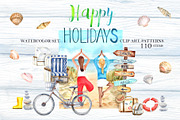 Happy Holidays watercolor set, an Illustration by JennyColorArt (Thumbnail 1 of 7)