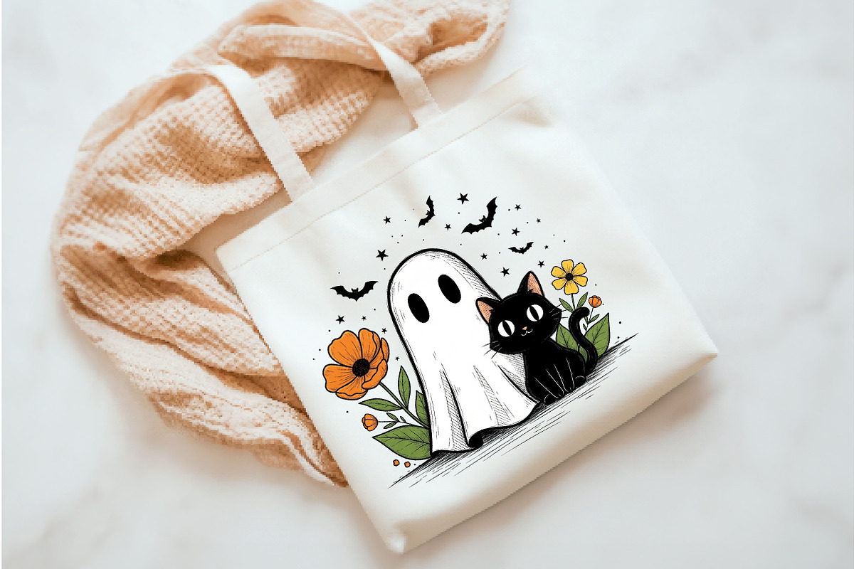 Cute Halloween Ghost and Cat Png, an Illustration by Watercolor design (Photo 2 of 3)