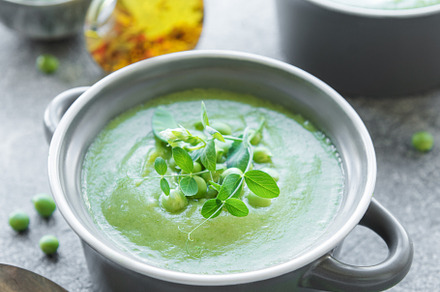 Fresh vegetable soup made of green peas, a Food & Drink Photo by Olena Rudo
