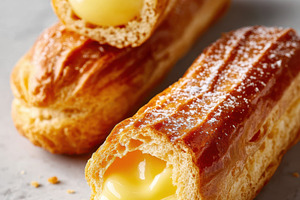 Delicious eclairs with creamy custard filling, a Food & Drink Photo by AlyaAnd