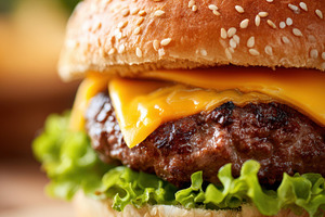 Delicious cheeseburger with melted cheese and fresh toppings, a Food & Drink Photo by AlyaAnd
