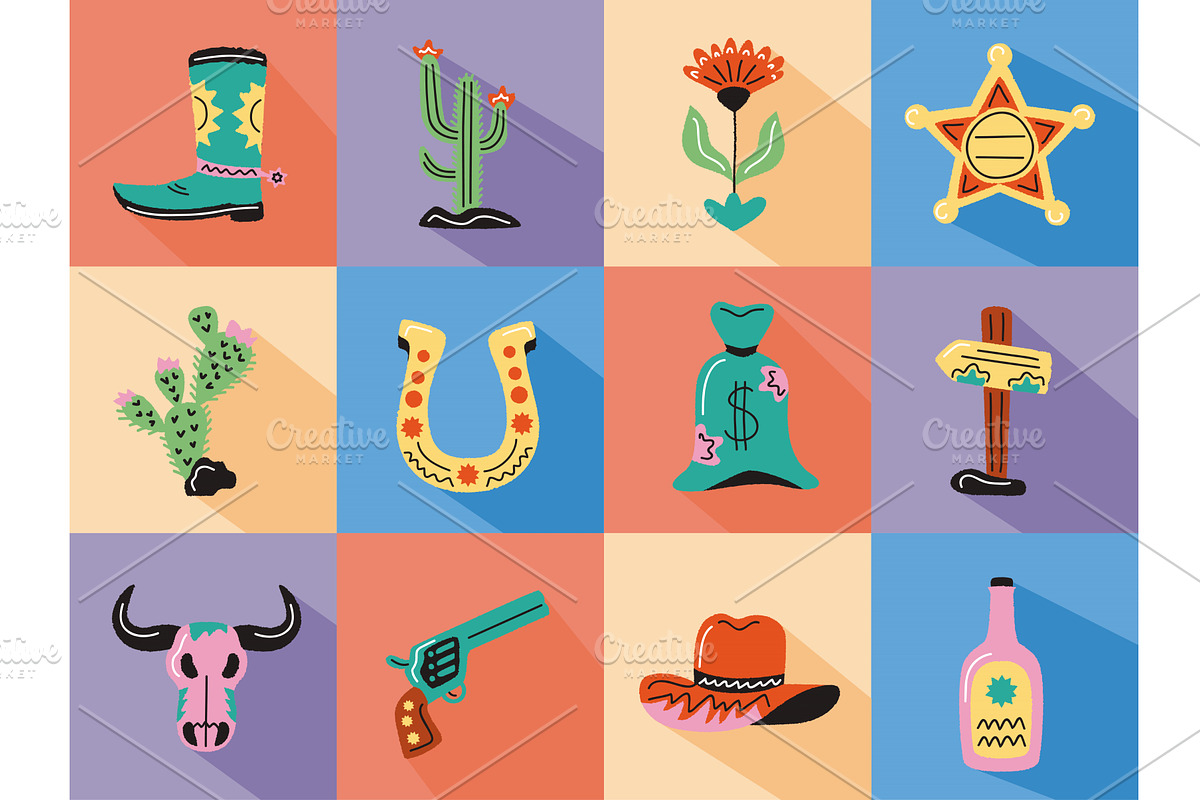 twelve wild west doodle icons, an Object Illustration by studiogstock