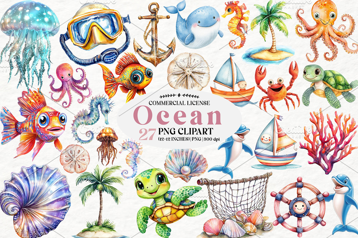 Watercolor Ocean Clipart, an Illustration by Watercolor design (Photo 1 of 4)