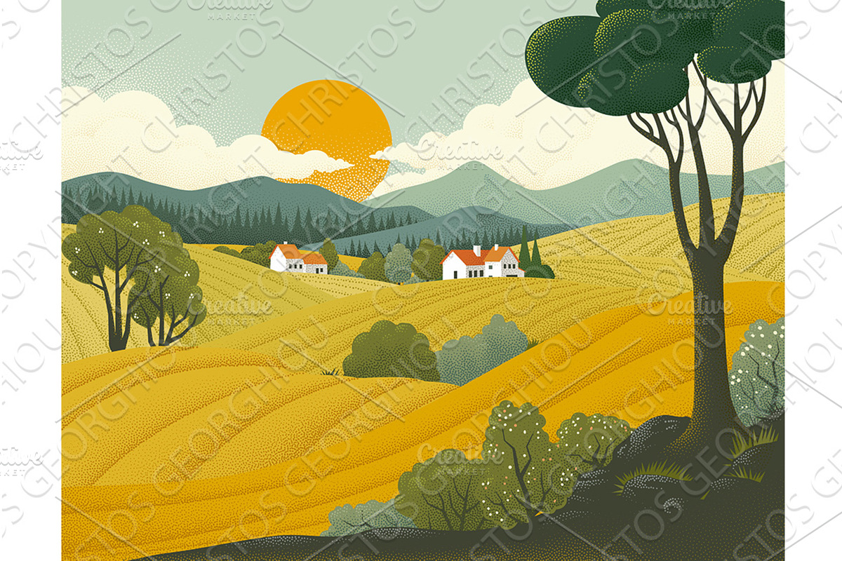 Fields Rolling Hills Farm Landscape, an Illustration by Christos Georghiou