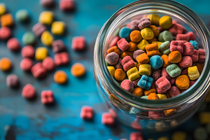 Tiny colorful candies in a glass jar, a Food & Drink Photo by Photostock