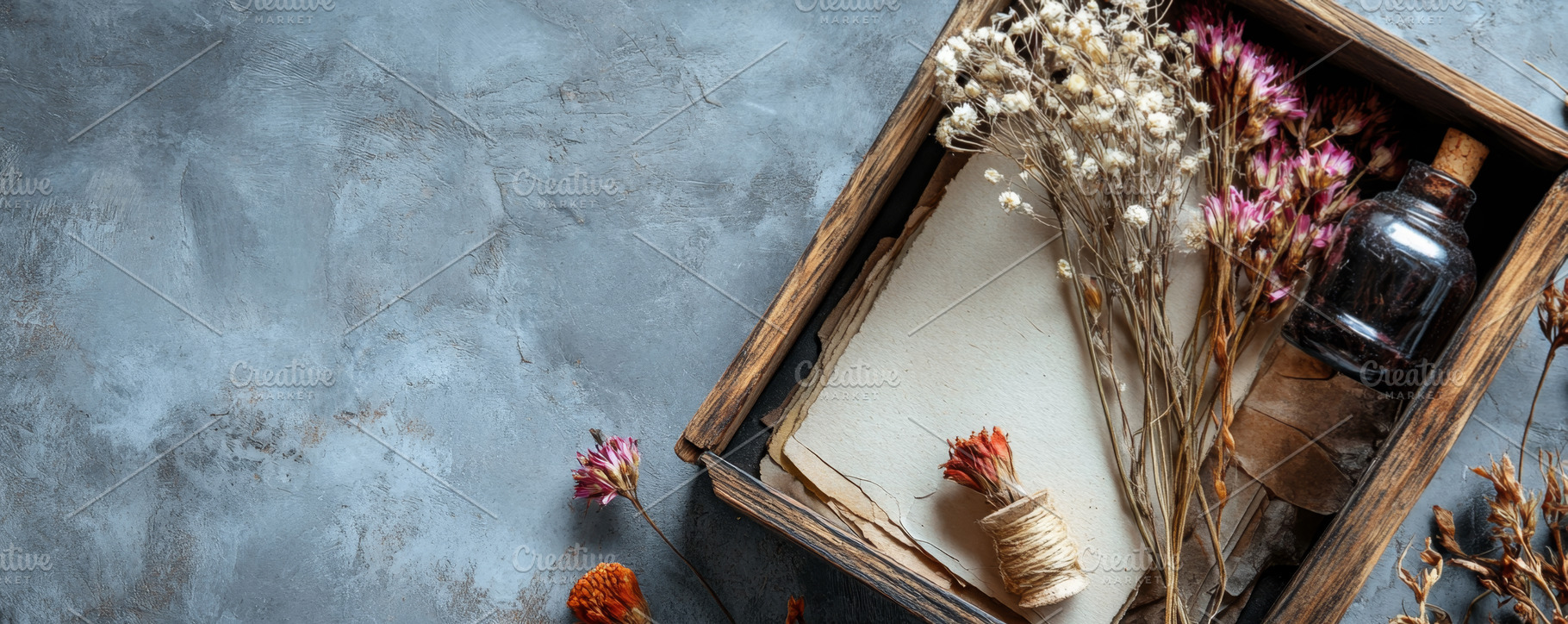 Wooden box filled with dried flowers on gray textured surface., an Abstract Photo by Natalia Klenova's Shop