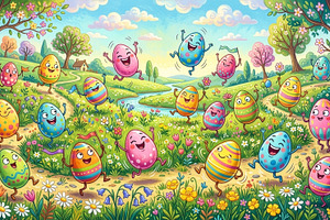 Group of happy cartoon easter eggs d, a Holiday Photo by Imaginarium