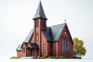 Beautiful red brick church with a ta, a Photo by Tanuart