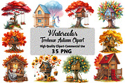 Watercolor Autumn Treehouse Clipart, an Illustration by Daily.Designs (Thumbnail 1 of 5)