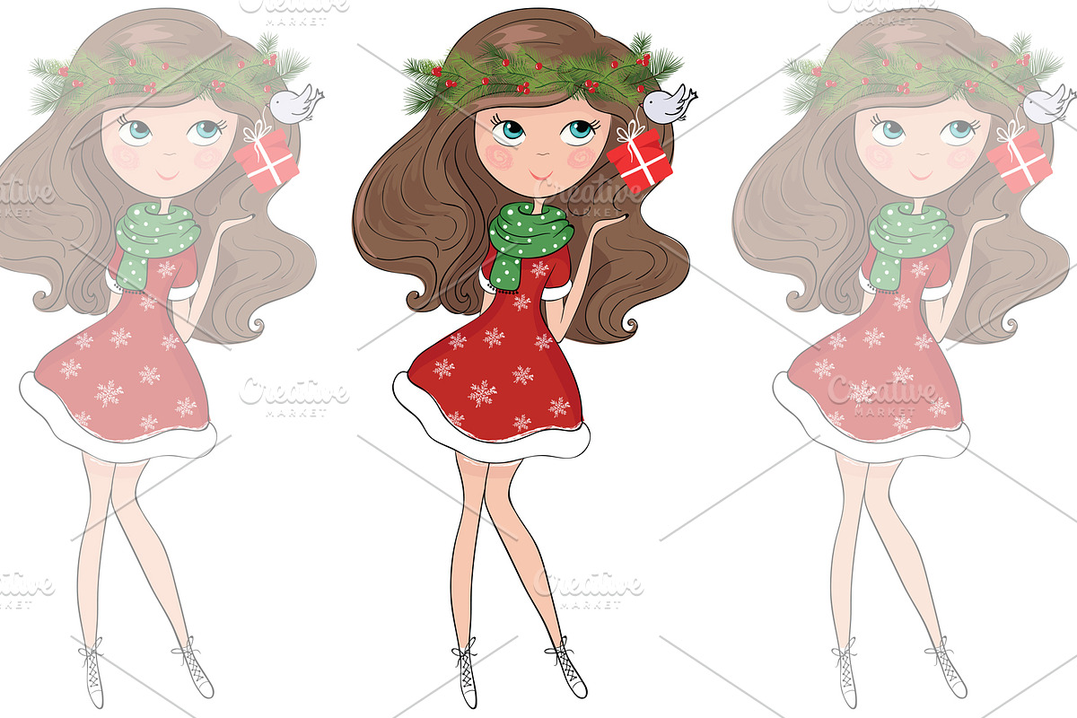 Cute girl vector. Christmas card., a Decorative Illustration by StudioLondon (Photo 2 of 3)