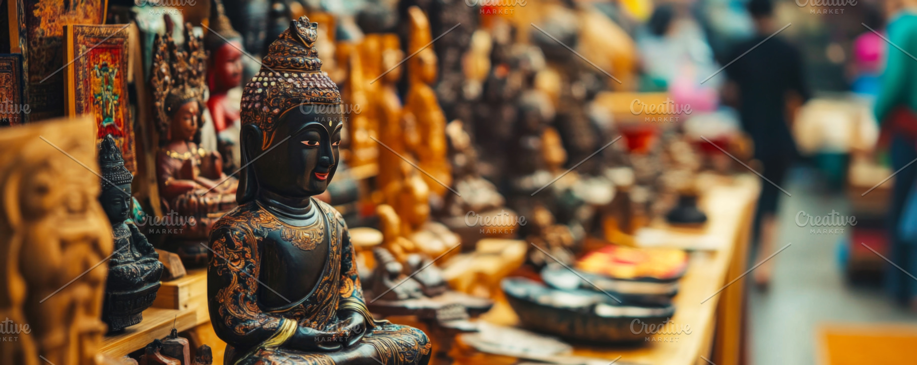Buddha Statues and Traditional Crafts in Asian Market, an Abstract Photo by Natalia Klenova's Shop