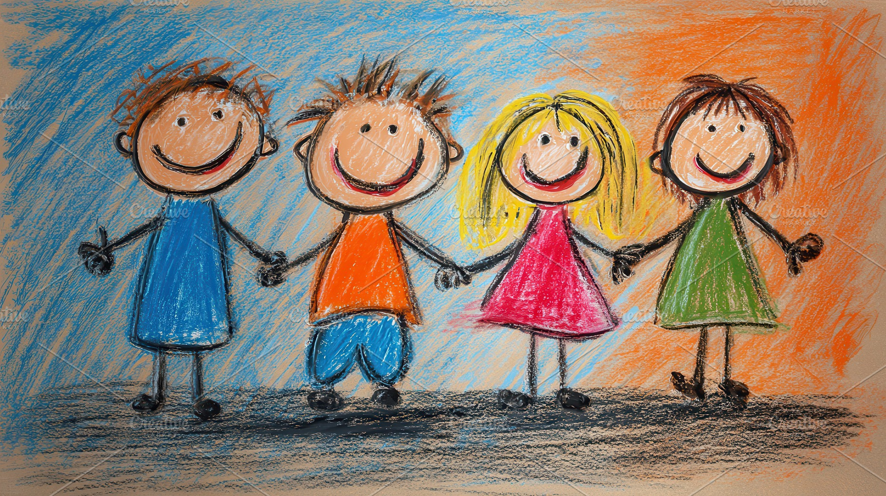 Cheerful children holding hands, a Photo by Pavel_design