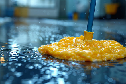 Close-Up of Yellow Mop Cleaning Floor with Water Drops in Room, a Photo by AS photostudio