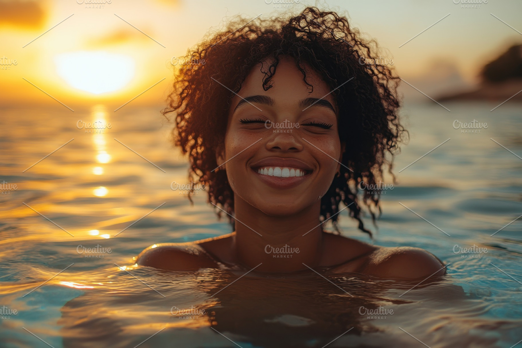 Smiling woman enjoying a serene suns, a Photo by Tanuart