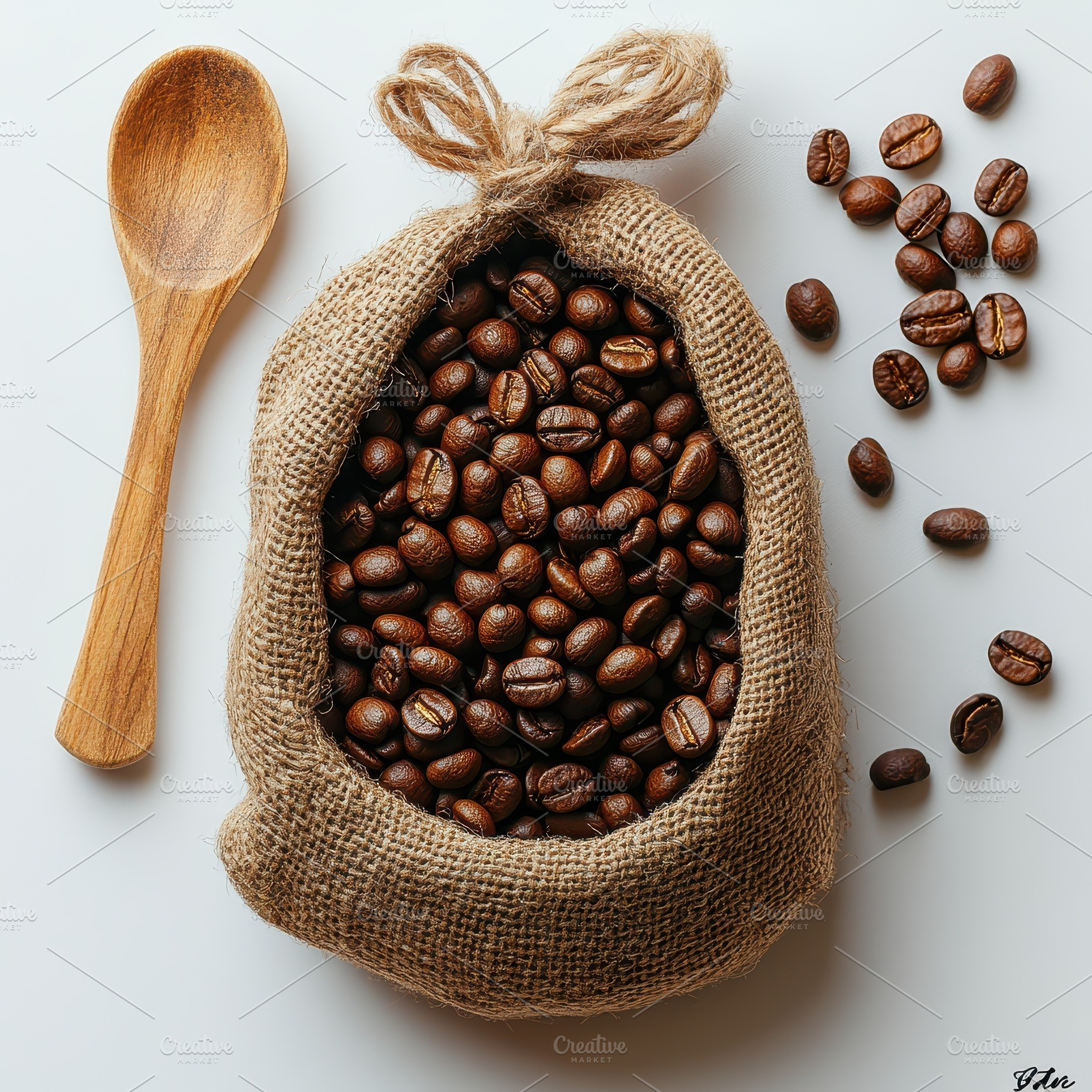 Roasted coffee beans in burlap sack, a Food & Drink Photo by Pixeness Studio