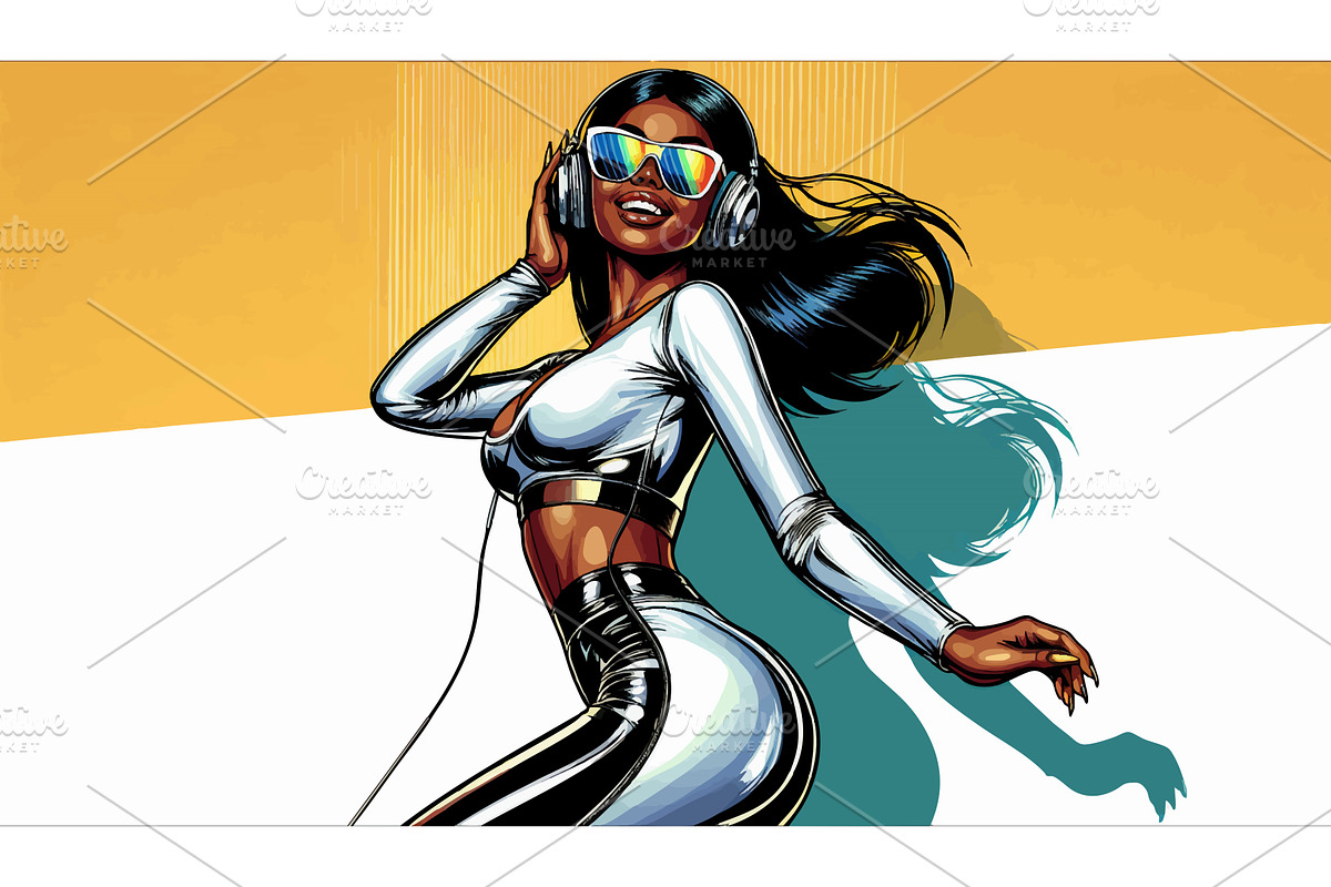 Stylish Woman Dancing Headphones and, a Person Illustration by AlexArt