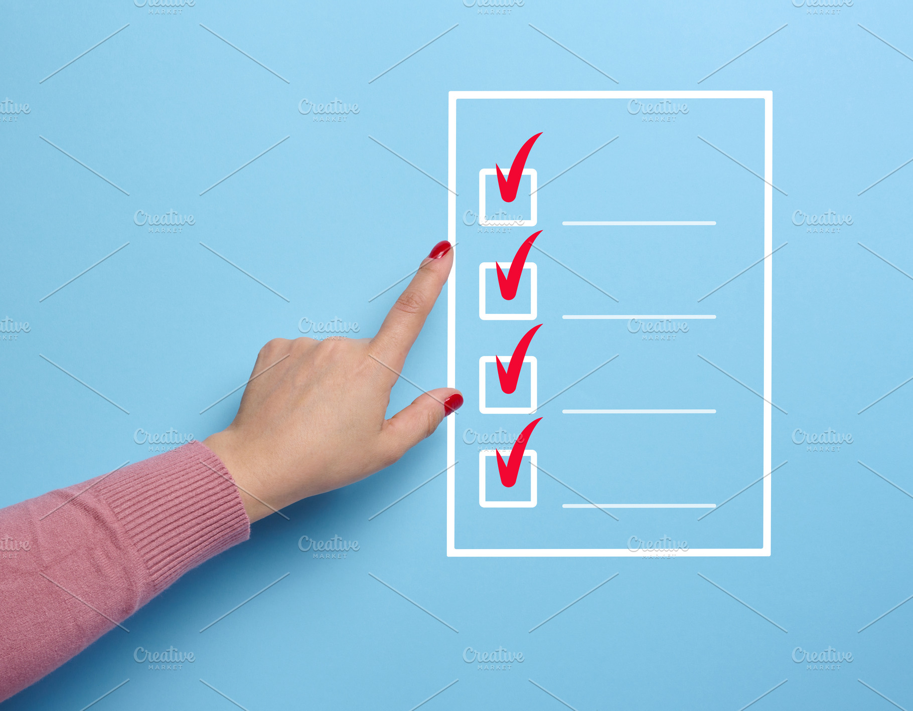 A hand points to a white outline list with red checkmarks and a, a Business Photo by ndanko