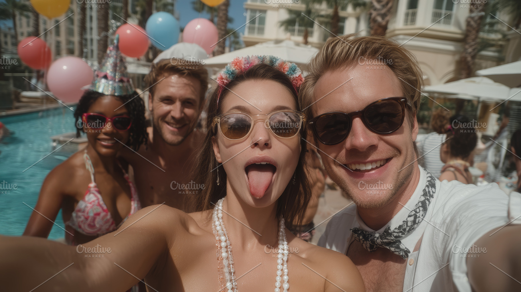 Fun poolside party with friends at a resort wearing party hats and sunglasses, a Photo by AS photostudio