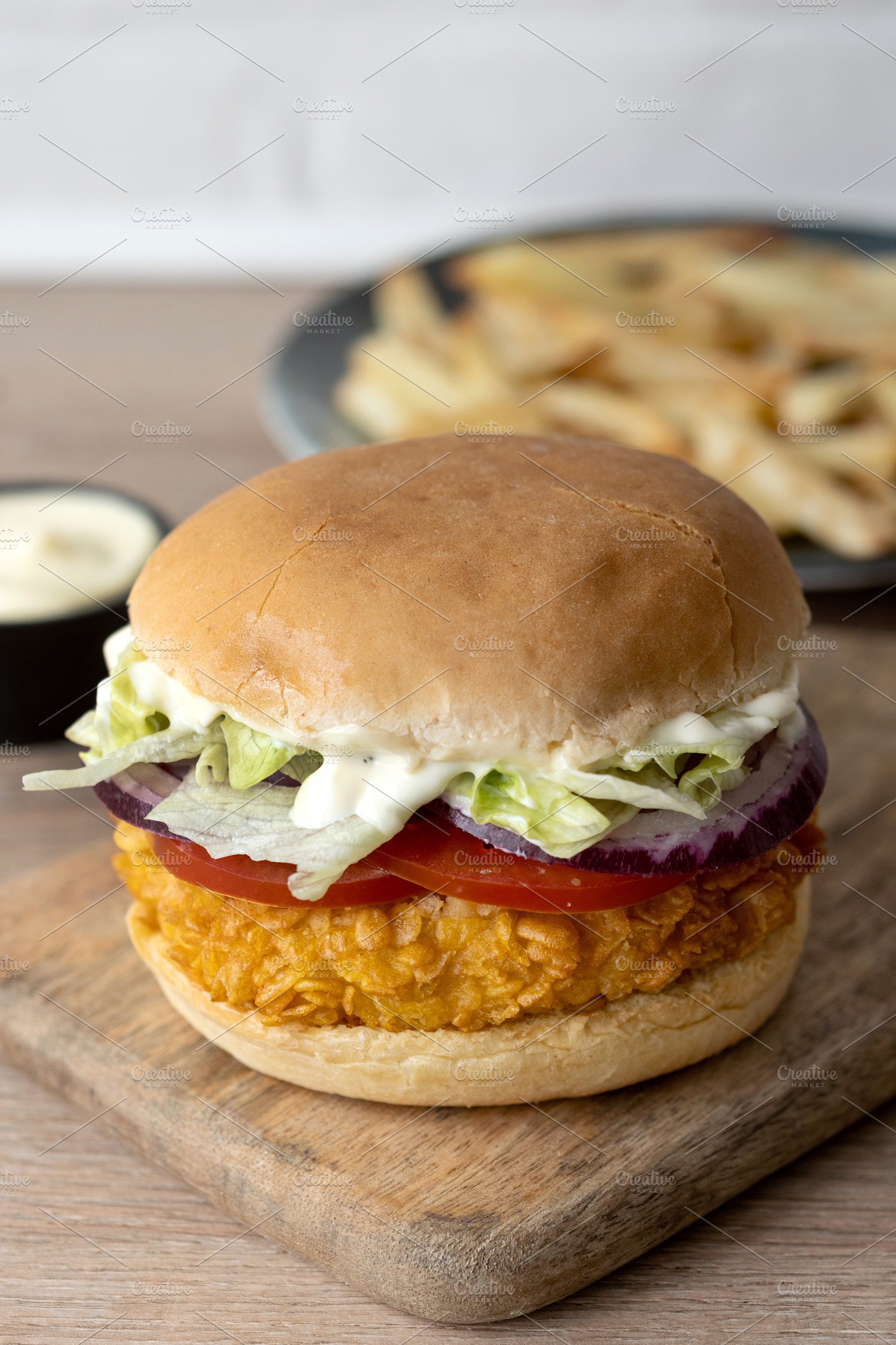 Crispy chicken burger with french fries, a Food & Drink Photo by etorres69