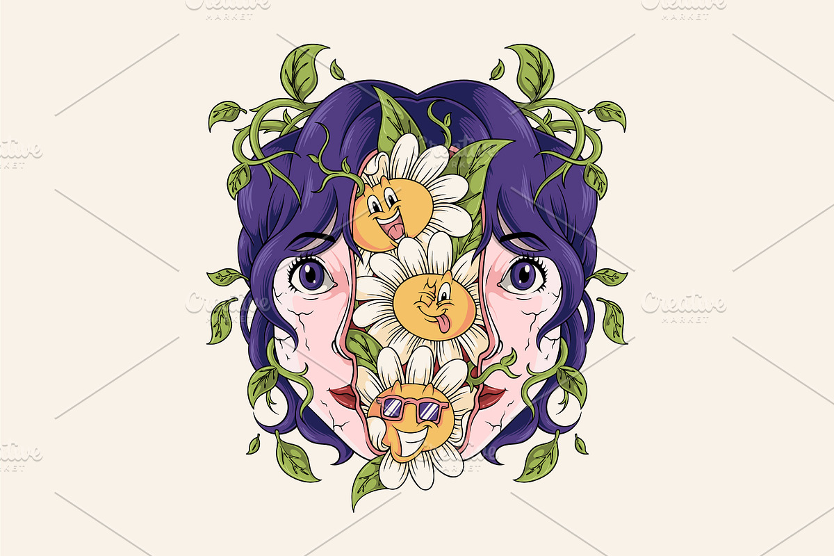 Girl with Daisy Flowers Inside, a Person Illustration by Judsart (Photo 1 of 3)