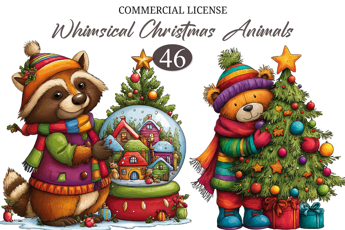 Whimsical Christmas Animals Clipart, a Seasonal Illustration by designcity5 (Photo 1 of 5)