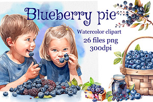 Blueberry Pie, Watercolor clipart.