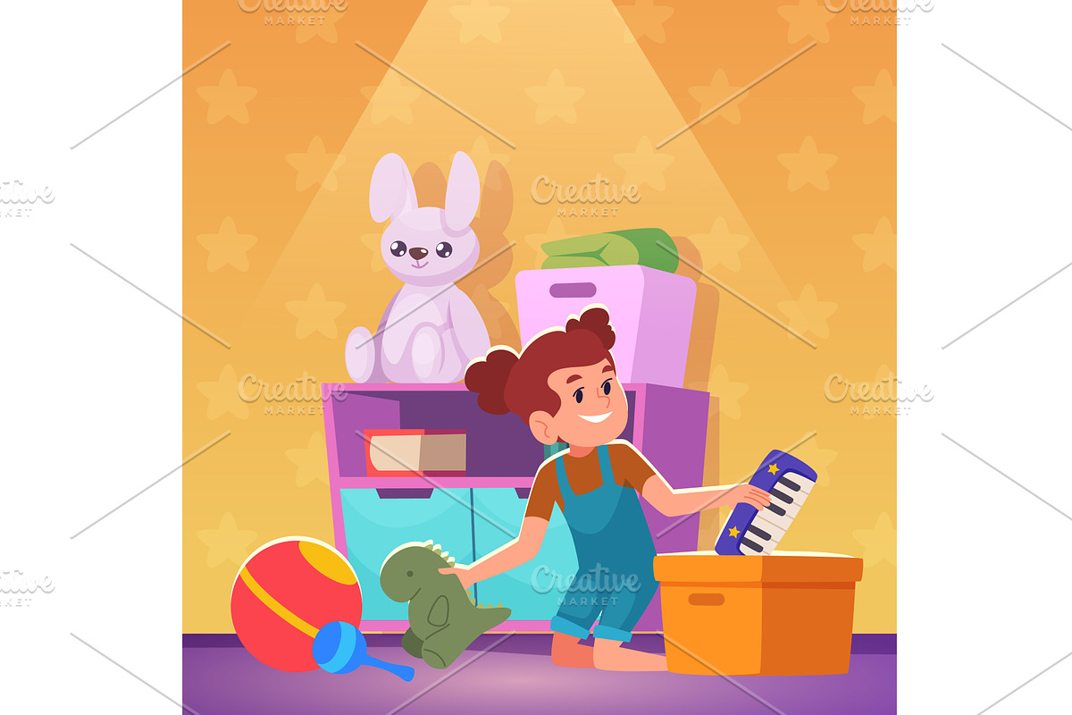 Put away toys. kid cleaning self, a Person Illustration by Onyx