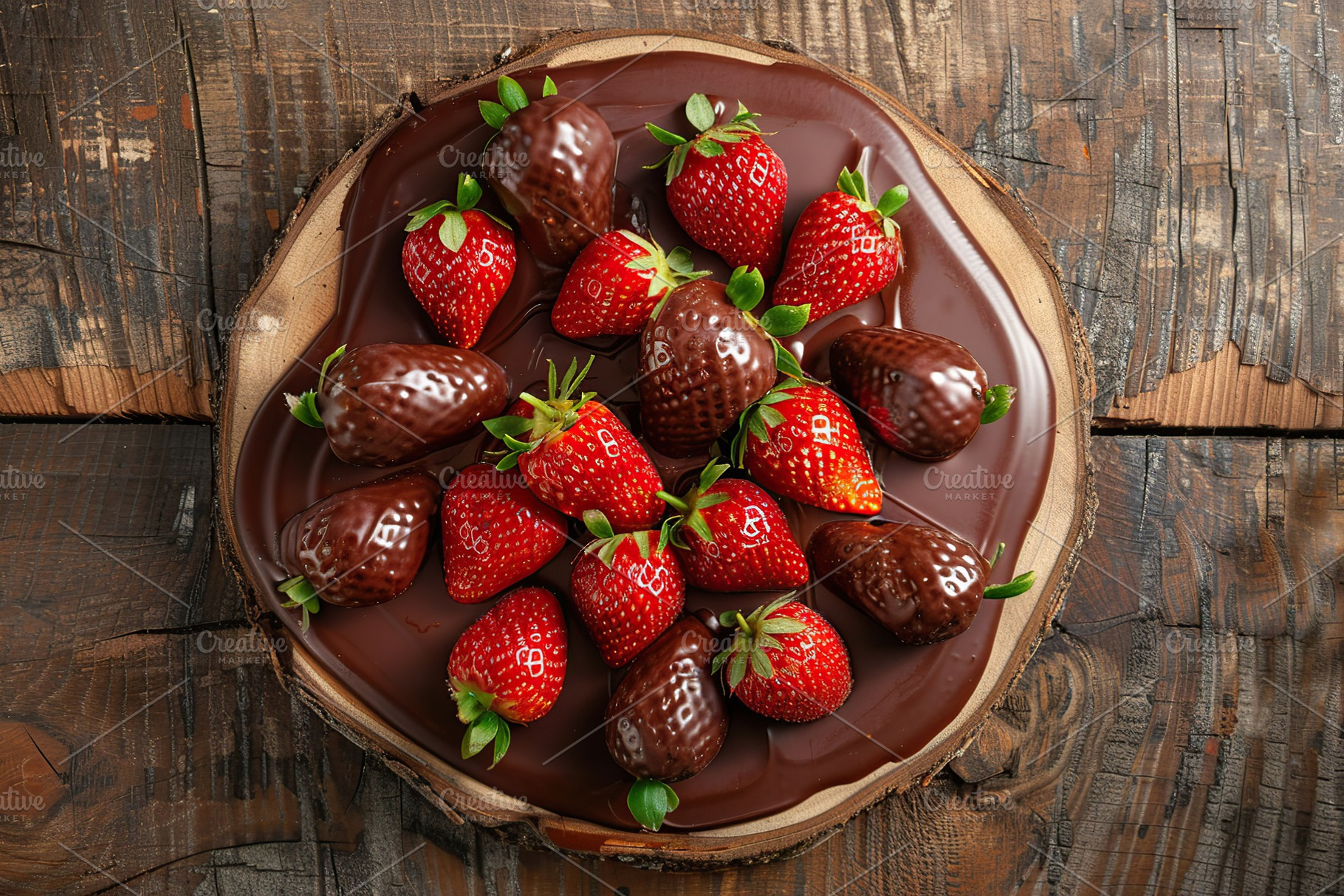 Red strawberries with chocolate on wooden table, a Food & Drink Photo by AlyaAnd