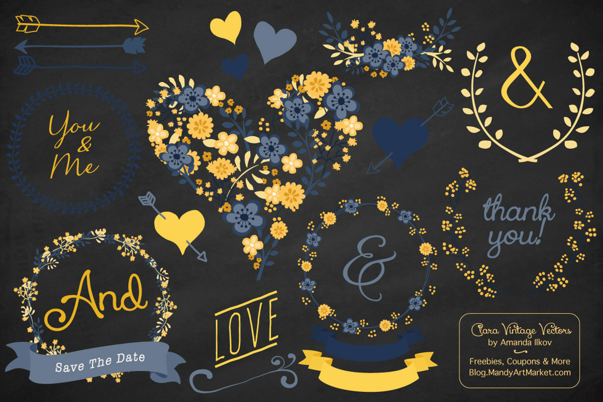Navy & Yellow Floral Heart Clipart, an Illustration by Amanda Ilkov (Photo 2 of 4)