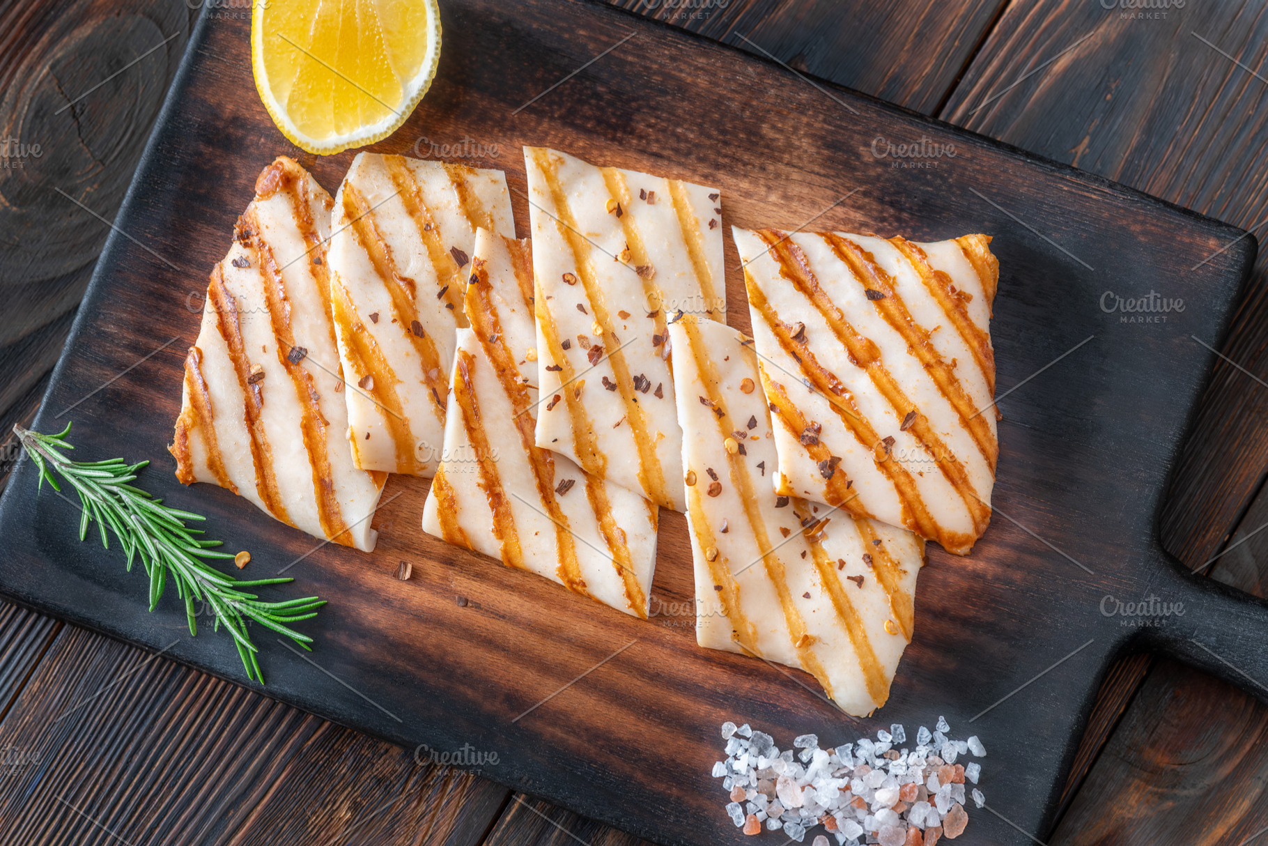 Grilled squid steaks with rosemary, a Food & Drink Photo by Alexander Prokopenko