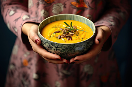 Bowl of pumpkin soup in woman's hand, a Photo by Iftikhar Alam