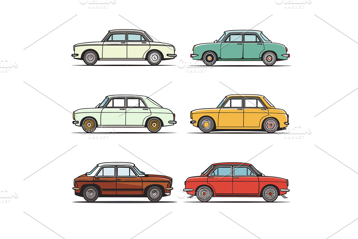 Six vintage cars lined up side, an Illustration by Vectorstockersland