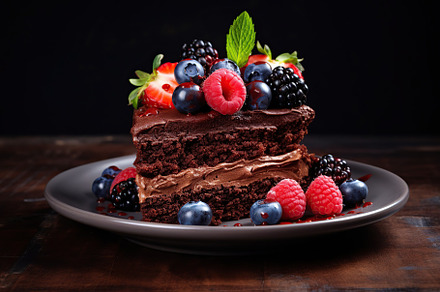 Piece of chocolate cake with fresh berries on brown wooden table, a Photo by AlyaAnd