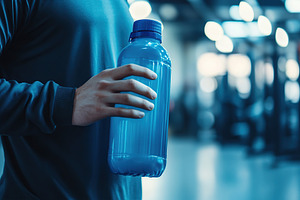 Athlete holds blue reusable sports bottle in gym during workout session, a Sports & Recreation Photo by AlyaAnd